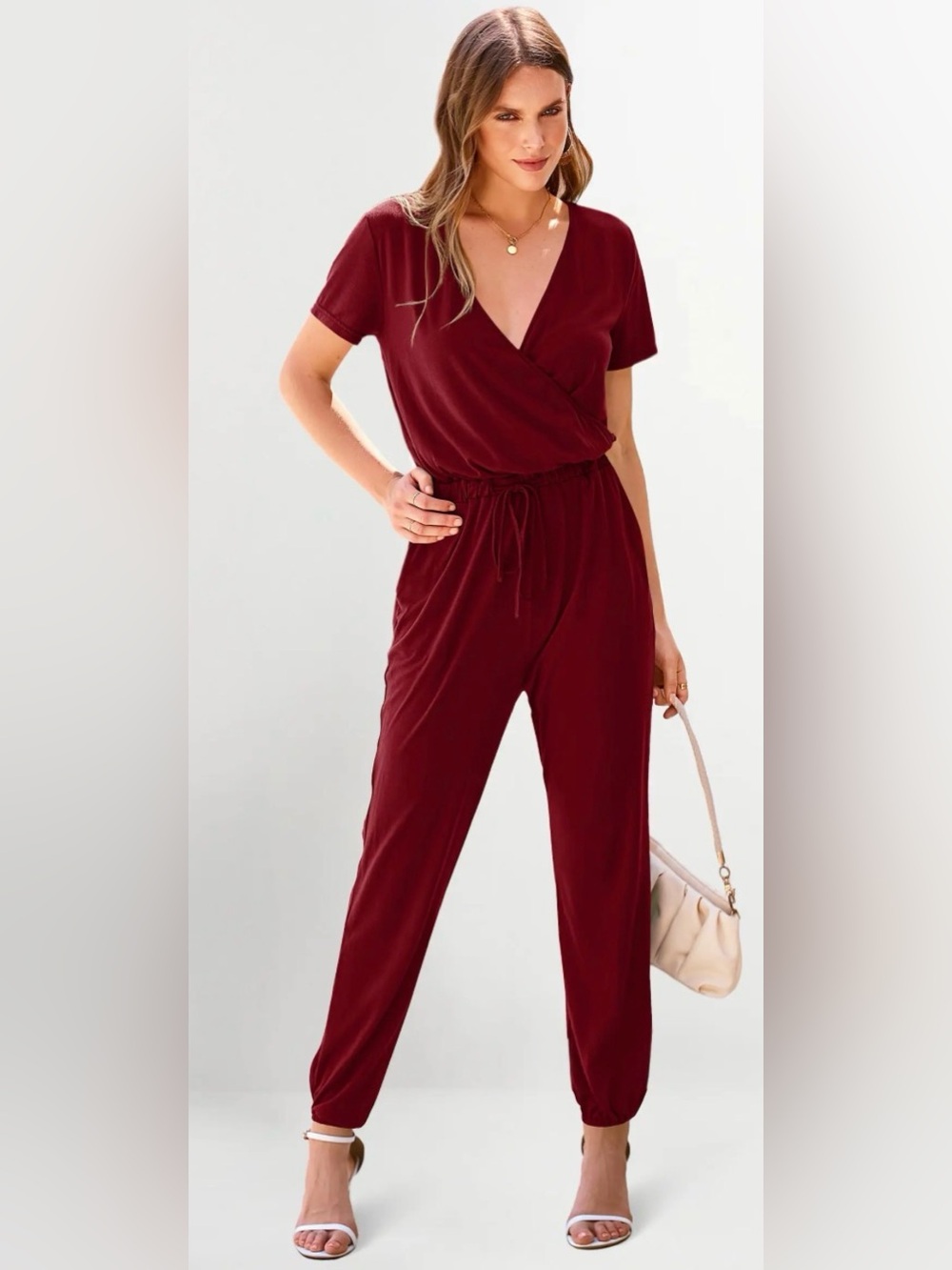 PRETTYGARDEN Burgundy Jogger Jumpsuit Women’s Small Deep V Neck Romper EUC